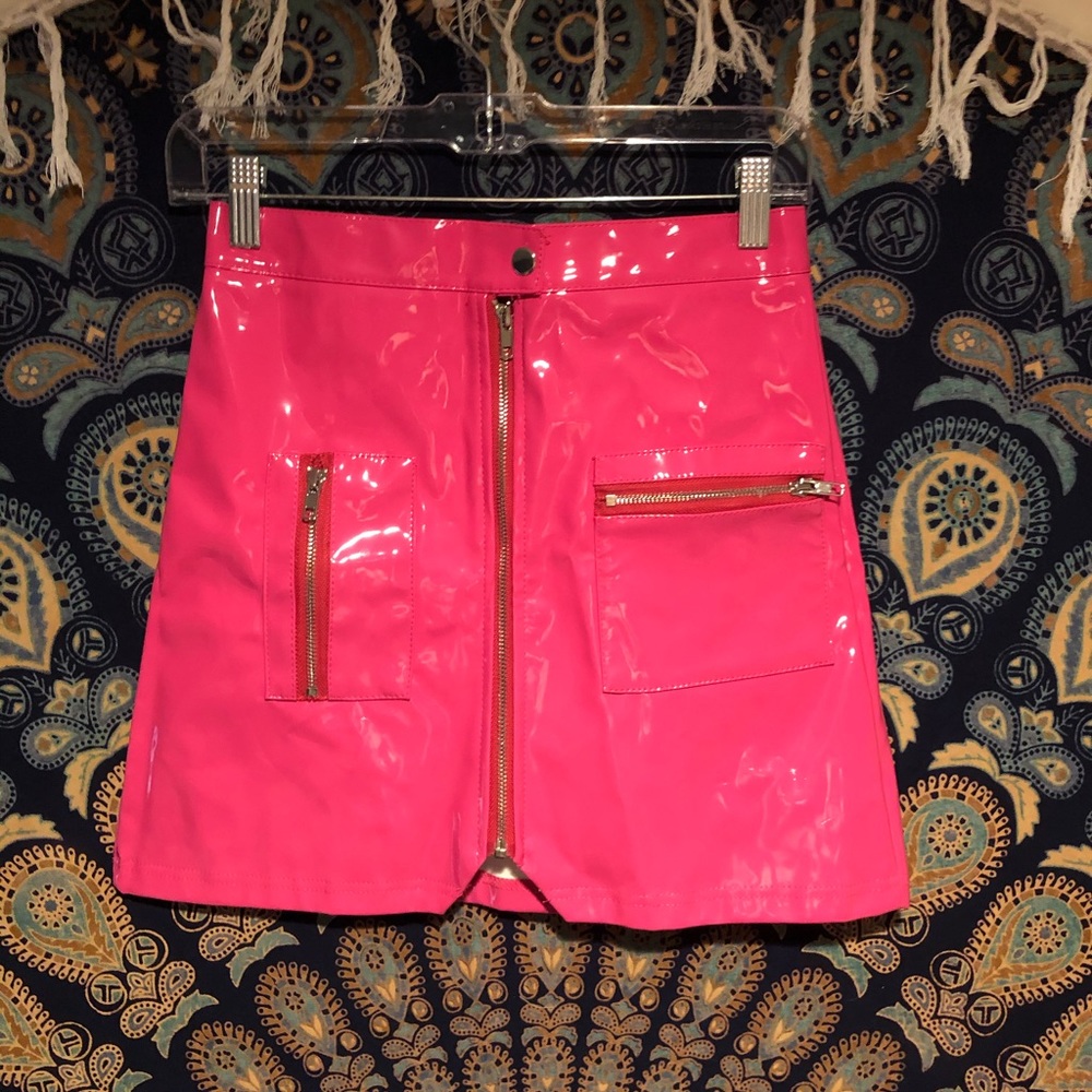 Faux Patent Leather Skirt with Zipper Pockets